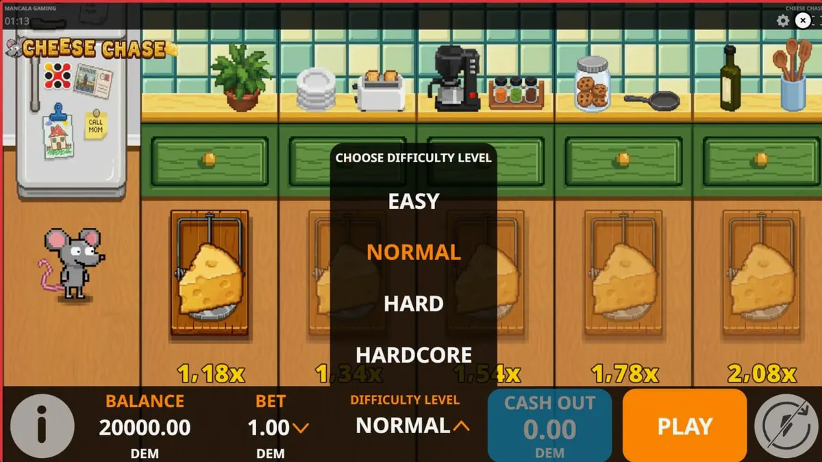 Tampilan visual retro Cheese Chase dari Mancala Gaming