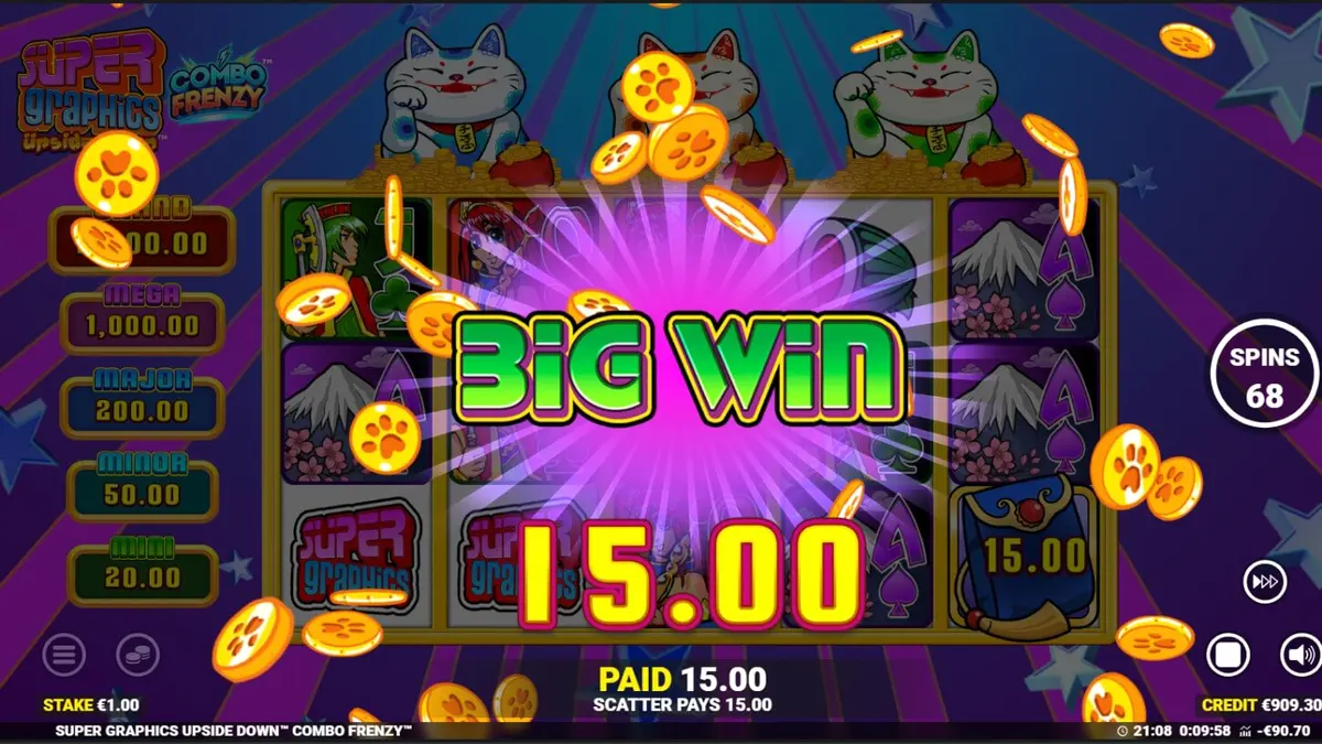 Tampilan visual slot Super Graphics Upside Down dengan tema anime dan Lucky Cats