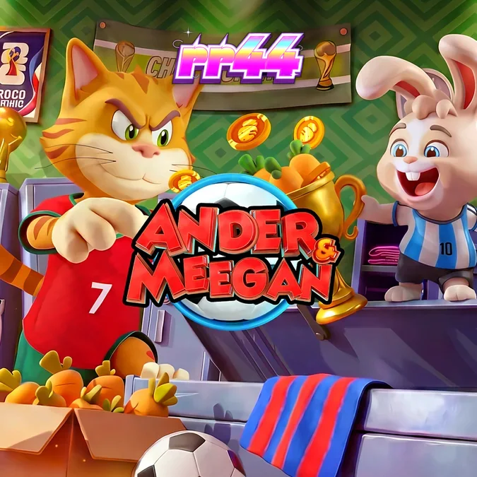 Tampilan visual slot Ander & Meegan dengan elemen rivalitas sepak bola yang dinamis.